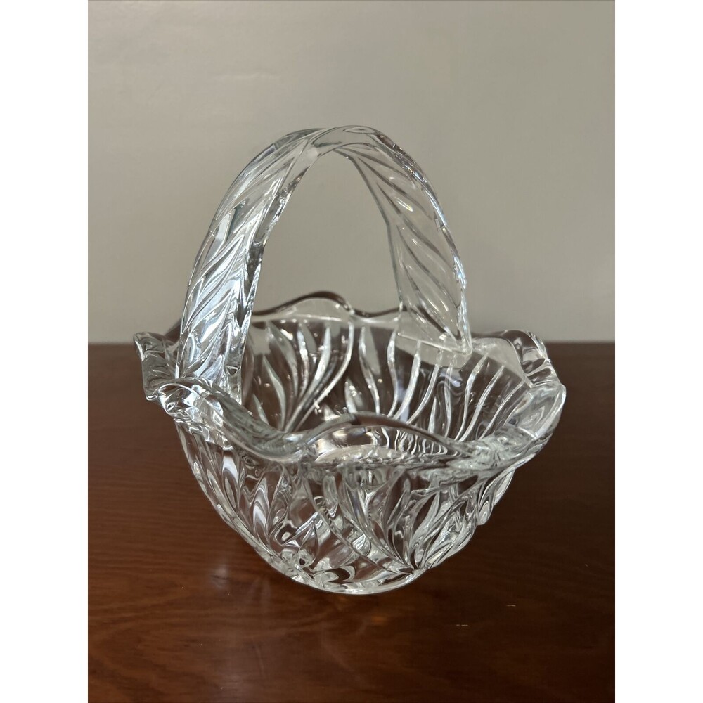 Heavy Vintage Bridal Basket Crystal Scalloped Edge Handle Trinket